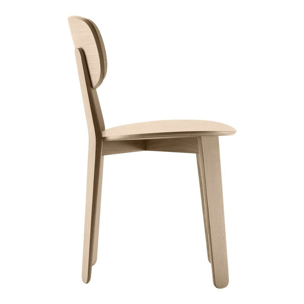 Light beige wooden chair with a smooth, minimalist design and subtle curves. Perfect for modern decor.