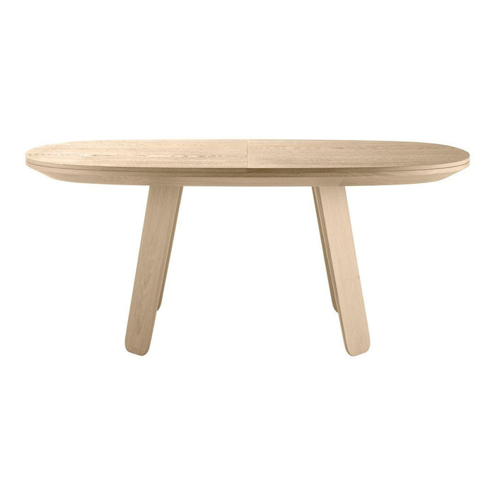 Light wooden oval dining table with a smooth, natural finish and minimalist design. Perfect for contemporary settings.