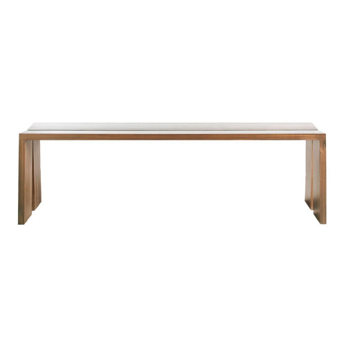 Wooden bench featuring a light natural wood finish with a sleek, minimalist design and smooth surface.