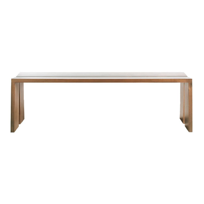 Wooden bench featuring a light natural wood finish with a sleek, minimalist design and smooth surface.
