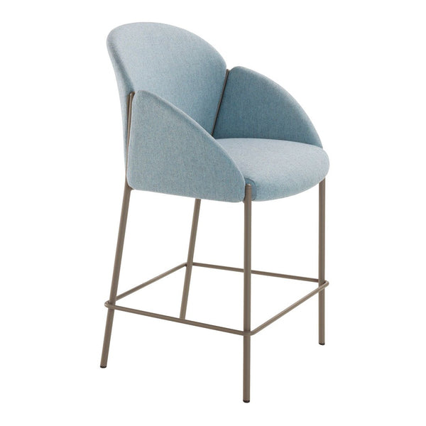 Stylish light blue upholstered chair with rounded back and a sleek metal frame. Perfect for contemporary decor.