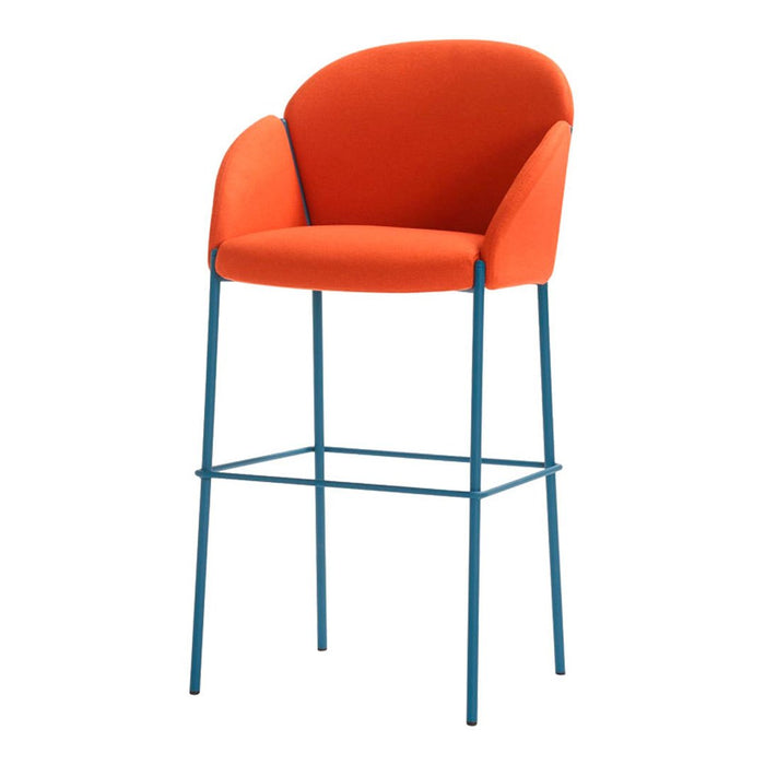 Orange upholstered bar chair with blue metal legs, featuring a smooth, modern design.