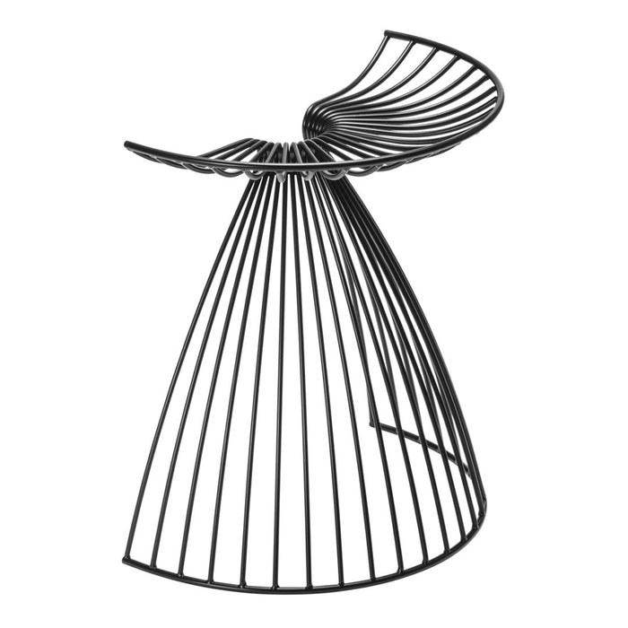 Sleek black metal stool with a unique curved design and vertical wire pattern, perfect for modern decor.