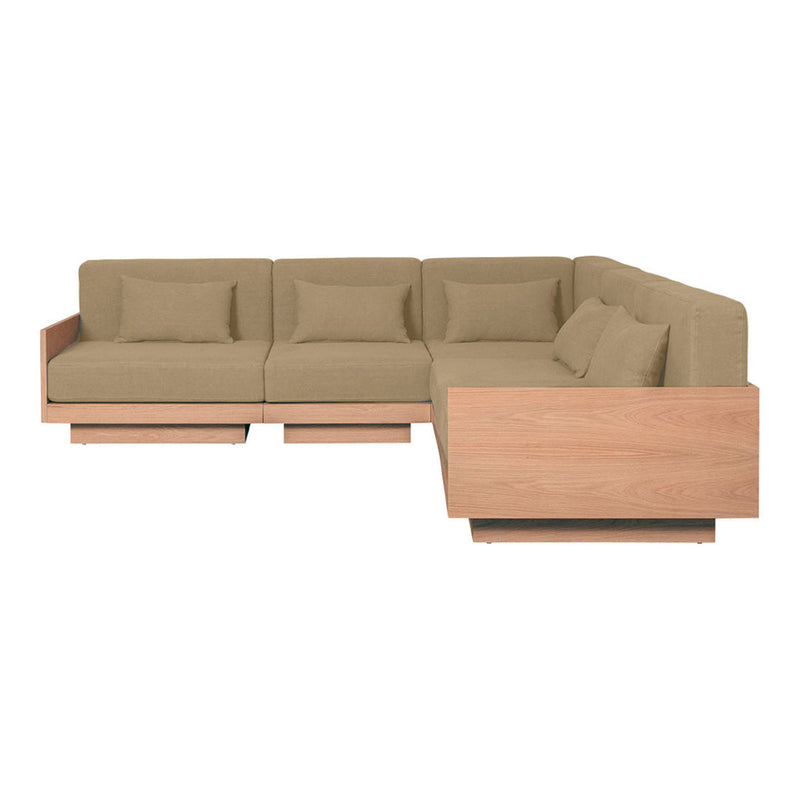 Beige sectional sofa with wooden accents and smooth, minimalist design. Perfect for modern living spaces.