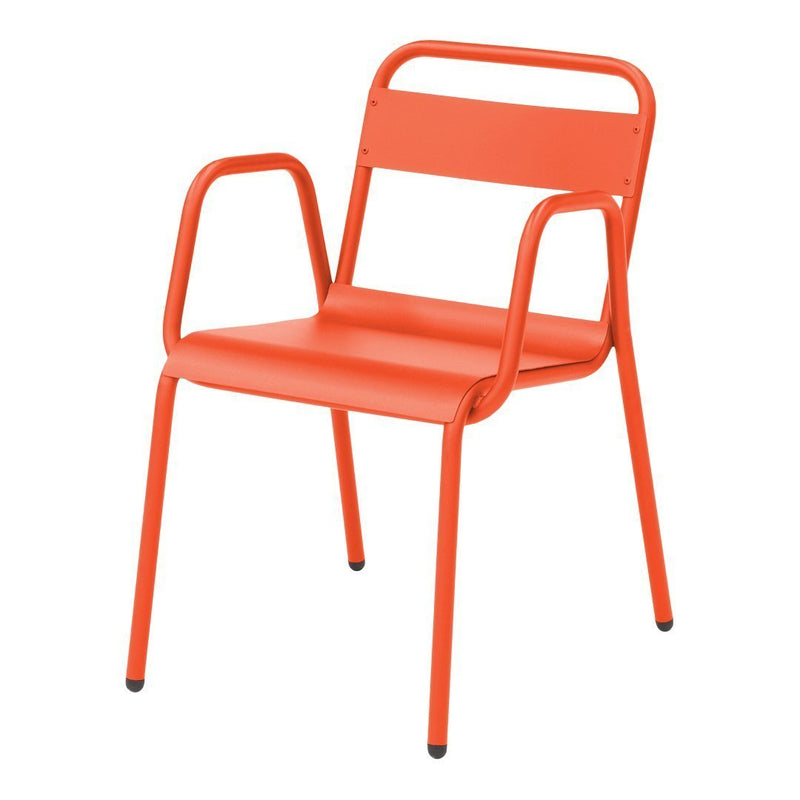 Bright orange metal chair with minimalistic design and clean lines, perfect for modern decor.