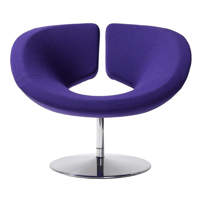 Vibrant purple fabric chair with a sleek chrome base and modern, curved design for stylish seating.