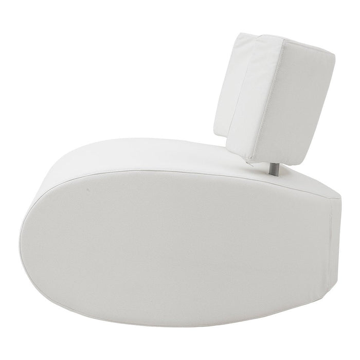Modern white lounge chair with a sleek, oval design and minimalist profile, featuring a simple, smooth surface.