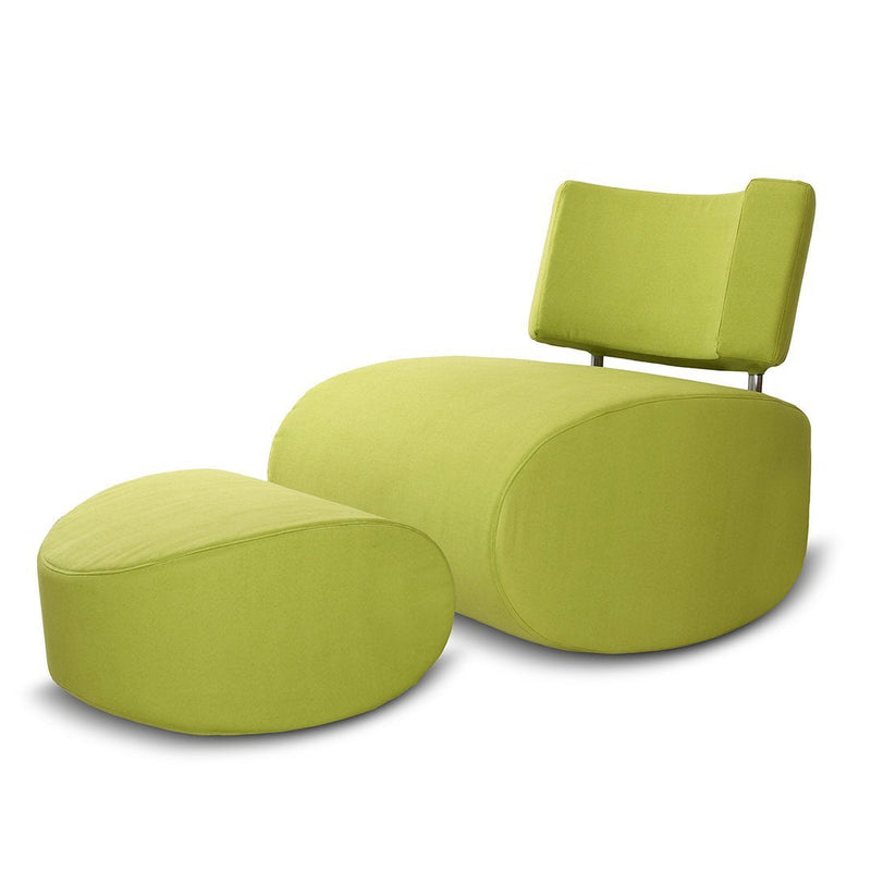 Lime green chair and ottoman set with smooth, rounded shapes and minimalistic design. Perfect for modern decor.