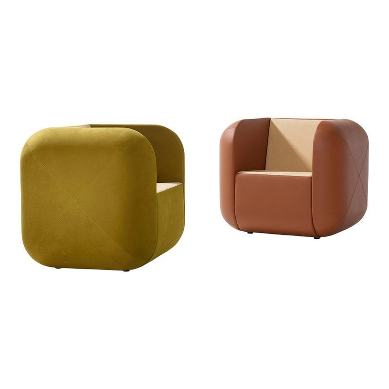 Yellow-green and brown colorblock upholstered chairs with modern, rounded shapes and minimalist design.