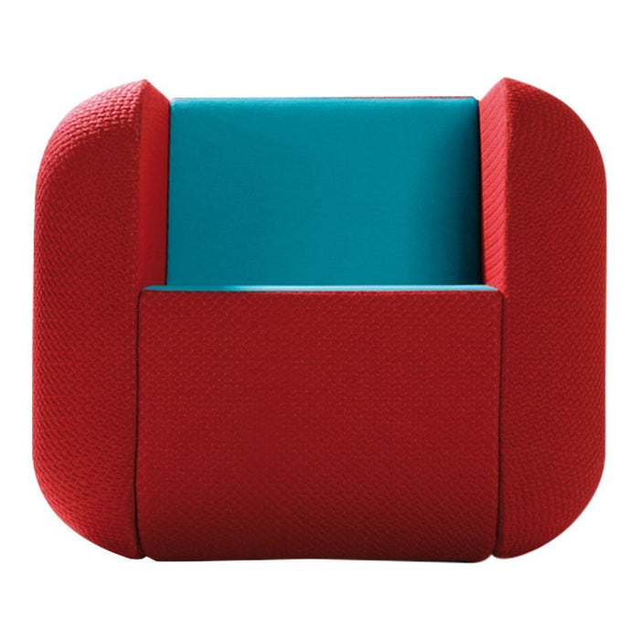 Red and turquoise cushion with a textured pattern and rounded edges, perfect for stylish home decor.