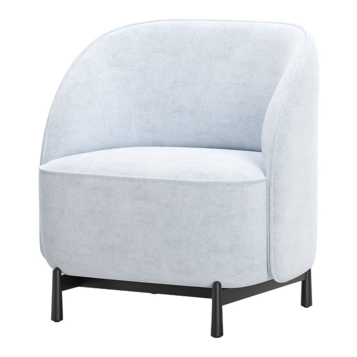 Light blue upholstered chair with soft, smooth fabric and rounded edges, featuring black metal legs.