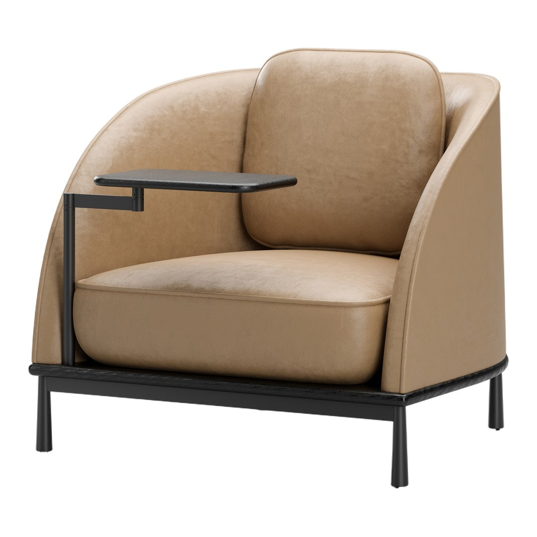 Tan leather armchair with a sleek black metal side table. Modern design featuring smooth, minimalist curves.