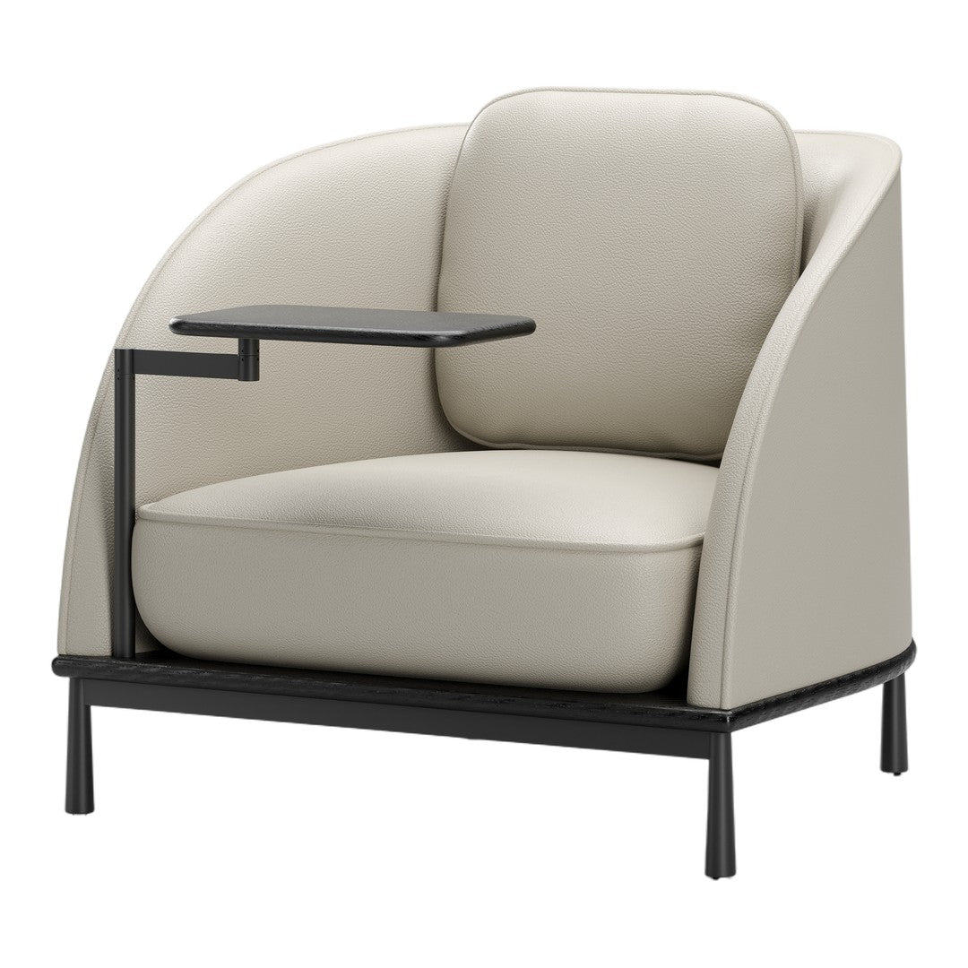 Cream-colored modern armchair with sleek black metal accents and a minimalist design. Perfect for contemporary decor.