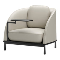 Cream-colored modern armchair with sleek black metal accents and a minimalist design. Perfect for contemporary decor.