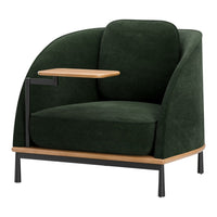 Green upholstered armchair with a natural wood accent and black metal legs, showcasing a modern and stylish design.