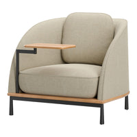 Beige upholstered chair with curved design, wooden accent table, and sleek black metal legs. Ideal for modern decor.