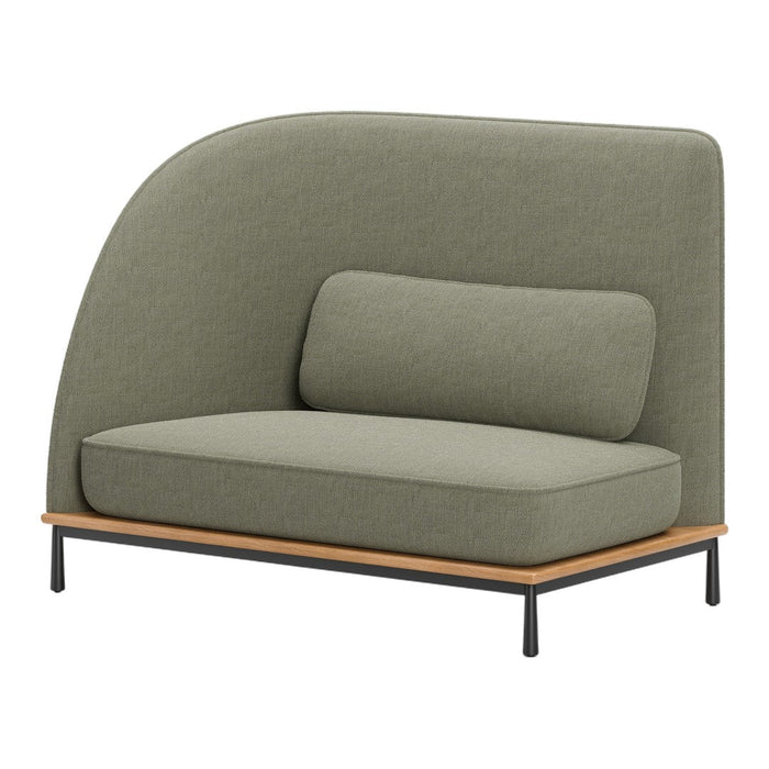 Green fabric sofa with a unique curved design and black metal legs, complemented by a wooden base.