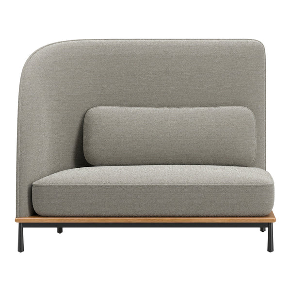 Gray upholstered sofa with a smooth texture, featuring a modern design and wooden base accents.