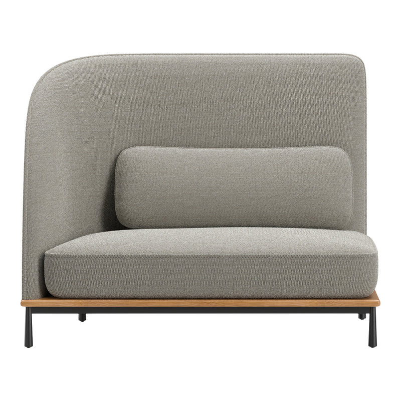 Gray upholstered sofa with a smooth texture, featuring a modern design and wooden base accents.