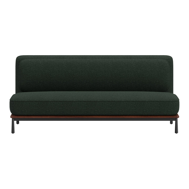 Dark green upholstered sofa with textured fabric and a sleek wooden base, featuring minimalist design and modern style.