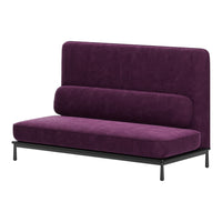 Purple velvet sofa with a sleek black metal frame, featuring a smooth, minimalist design. Ideal for modern decor.
