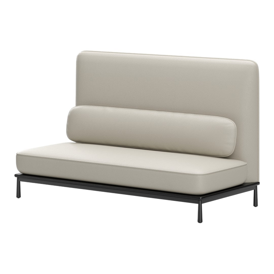 Beige upholstery with a smooth finish, featuring a minimalist design and black metal base.