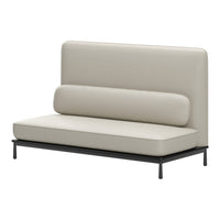 Beige upholstery with a smooth finish, featuring a minimalist design and black metal base.