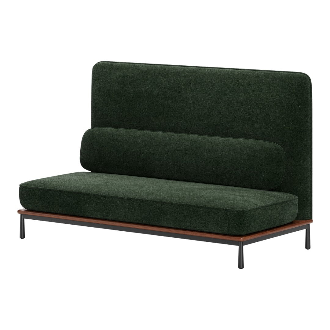 Dark green upholstered sofa with smooth, minimalist lines and a wooden base. Perfect for modern decor.