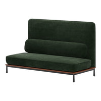 Dark green upholstered sofa with smooth, minimalist lines and a wooden base. Perfect for modern decor.