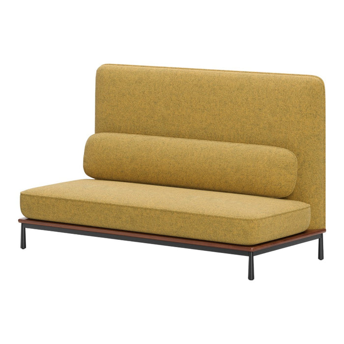 Stylish yellow-green upholstered loveseat with a minimalist black metal frame and wooden base. Ideal for modern decor.