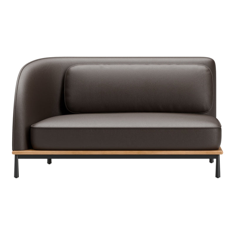 Brown leather sofa with sleek lines, featuring a smooth texture and minimalistic design, complemented by a light wood base.