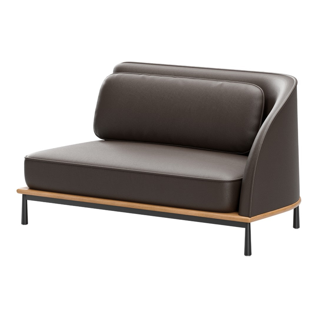 Modern two-tone sofa in rich brown leather with sleek wooden base and metal legs. Elegant design for contemporary spaces.