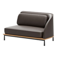 Modern two-tone sofa in rich brown leather with sleek wooden base and metal legs. Elegant design for contemporary spaces.