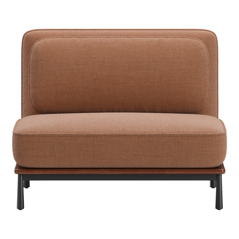 Brown textured sofa with a smooth finish and contrasting black metal legs and a wooden base.
