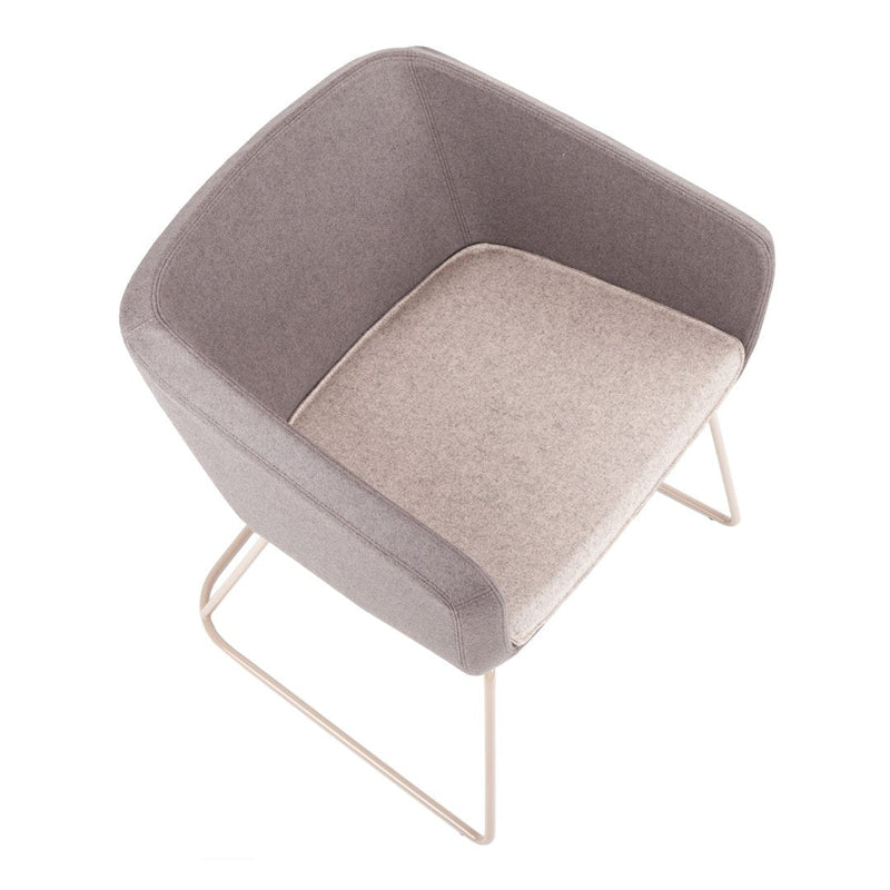 Gray and beige upholstered chair with a minimalist design and sleek metal legs, perfect for modern interiors.