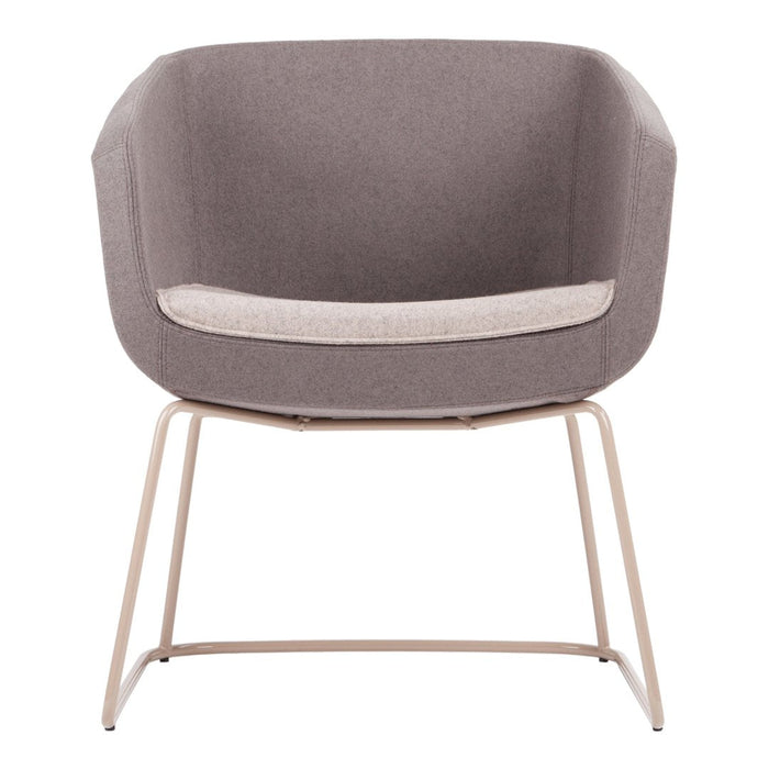 Gray upholstered chair with a smooth fabric finish and a light beige seat cushion. Minimalist metal legs in a neutral tone.
