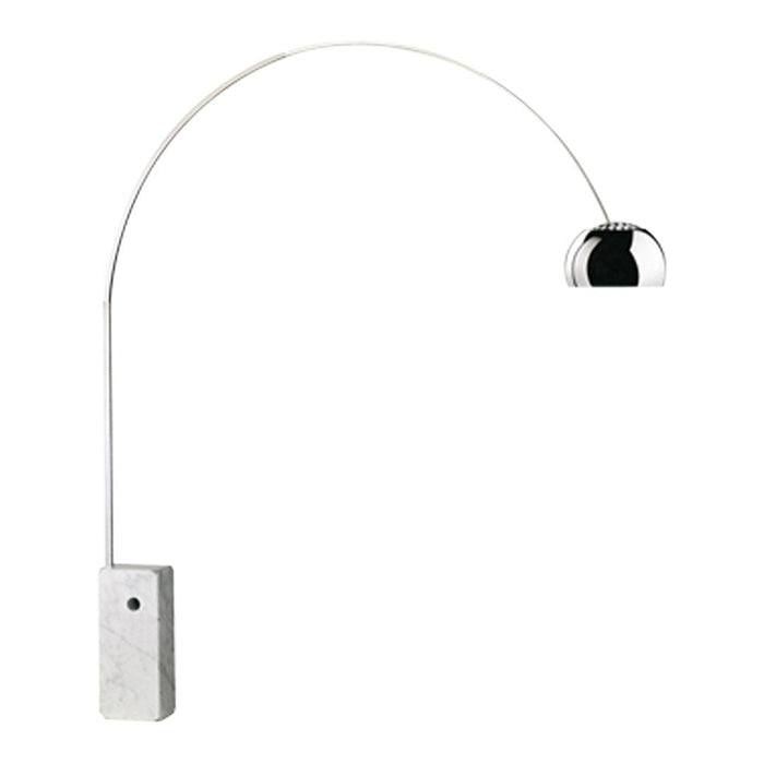 Sleek silver arc lamp with a marble base, featuring a reflective chrome shade. Modern design in minimalist style.