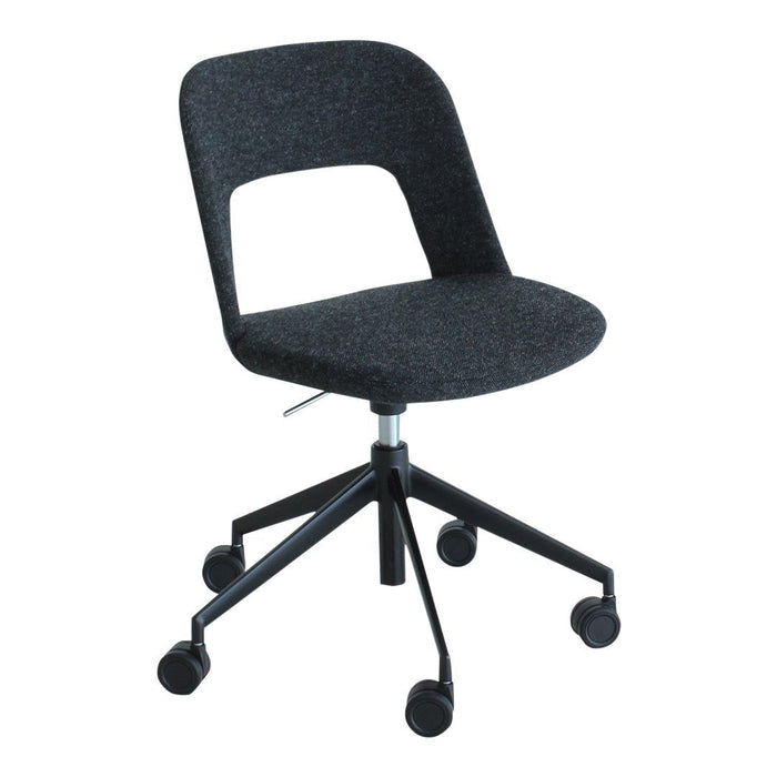 Stylish black fabric office chair with a sleek modern design and five rolling casters for easy mobility.