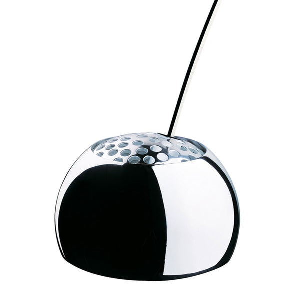 Sleek black and silver speaker with a glossy finish and dotted surface pattern. Modern, stylish design for any decor.