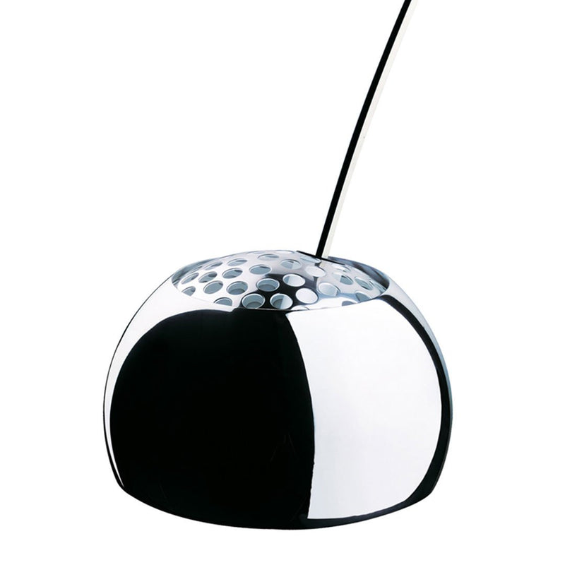 Sleek black and silver speaker with a glossy finish and dotted surface pattern. Modern, stylish design for any decor.