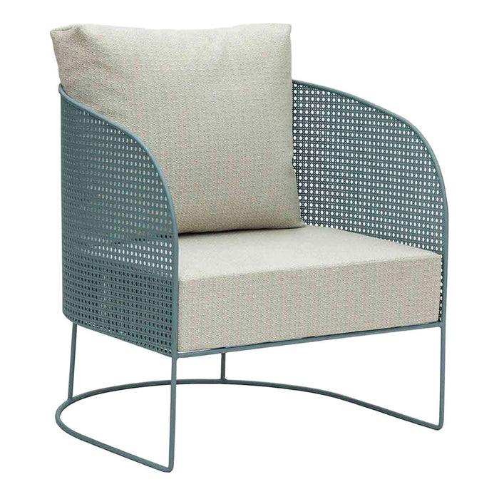 Teal metal chair with cutout pattern and a light beige cushion, featuring a subtle textured design.