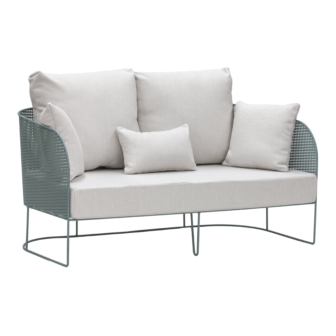 Light grey couch with matching pillows and a sleek, teal wire frame design. Perfect for modern outdoor spaces.