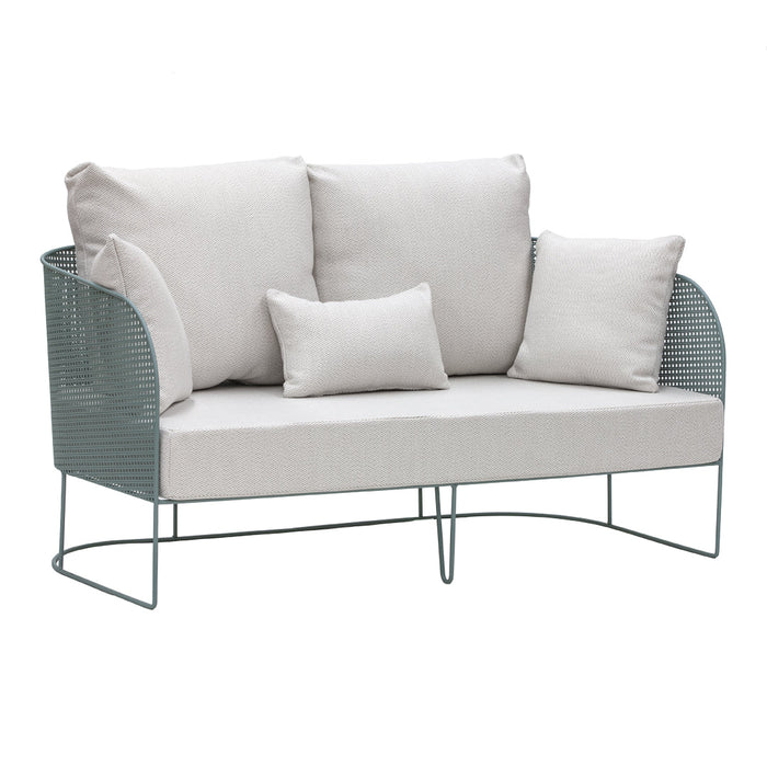 Light grey couch with matching pillows and a sleek, teal wire frame design. Perfect for modern outdoor spaces.