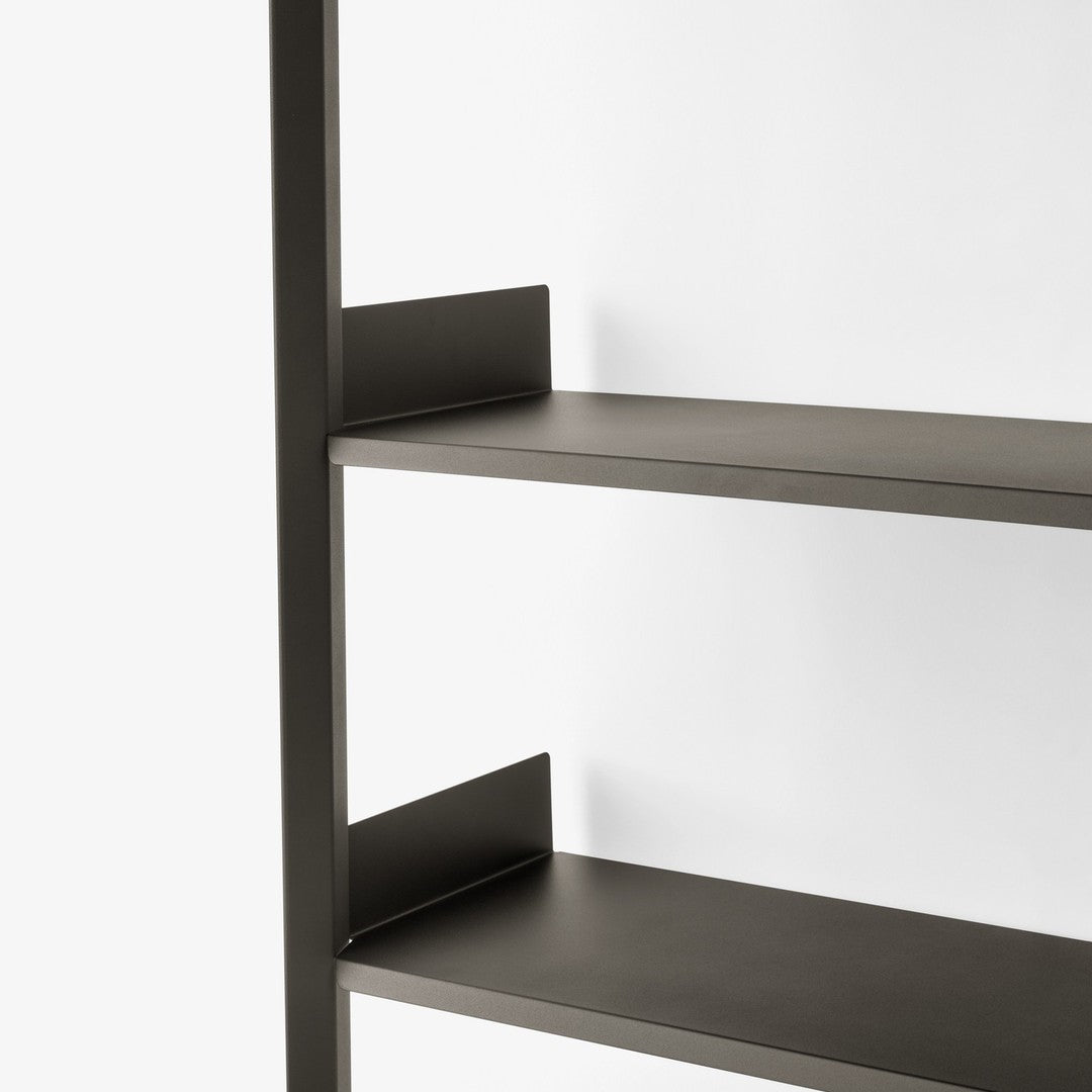 Dark gray metal shelves with a sleek, minimalist design against a white background. Modern and stylish.