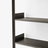 Dark gray metal shelves with a sleek, minimalist design against a white background. Modern and stylish.