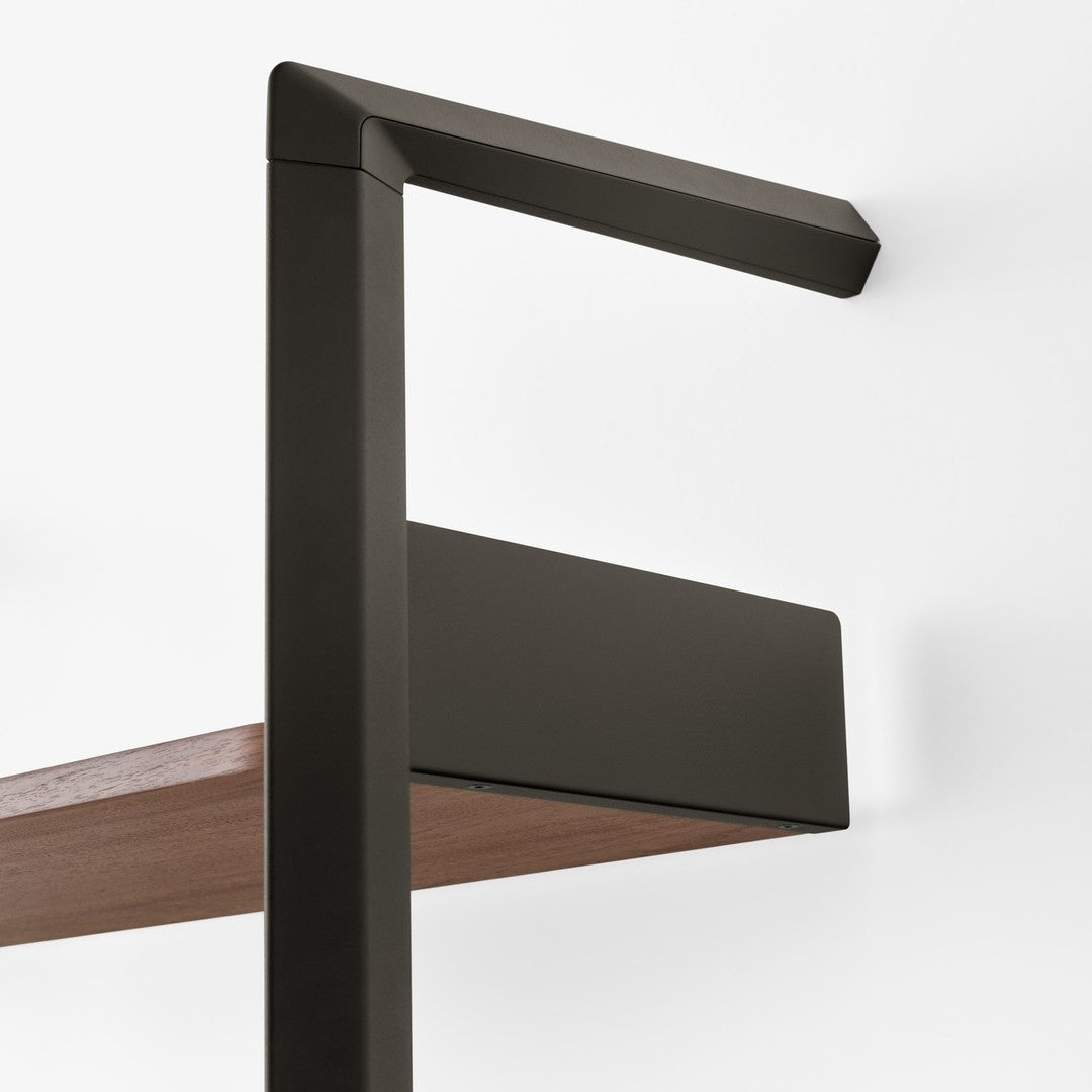 Dark brown metal frame with a warm wood shelf, perfect blend of contemporary and natural materials.