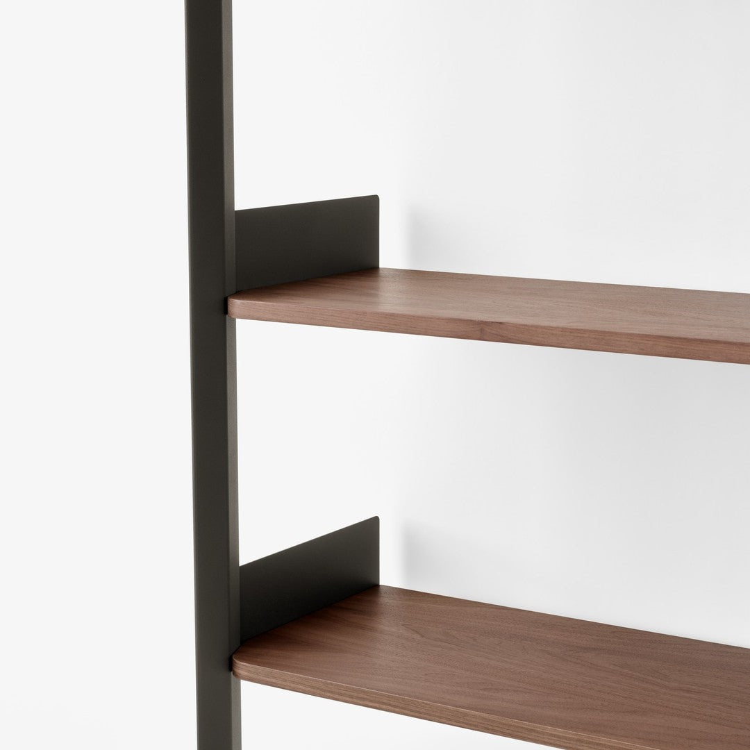 Modern shelving unit with dark green frame and warm walnut wood shelves. Minimalist design highlighting earthy tones.