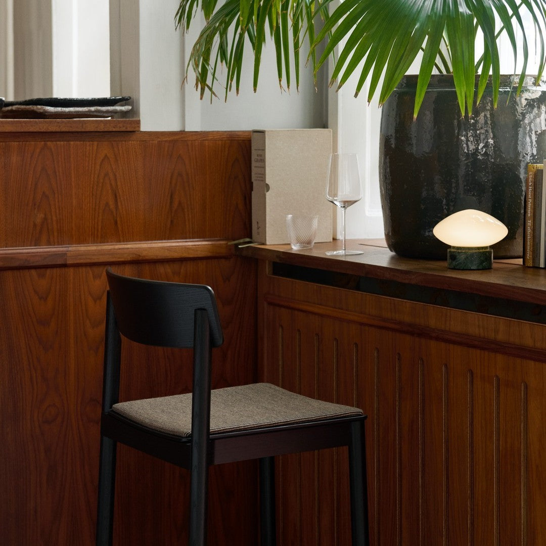 Black wooden chair with a brown upholstered seat against warm wood paneling and greenery. Subtle earthy tones.