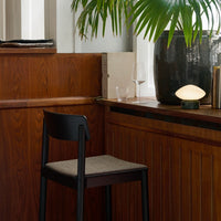 Black wooden chair with a brown upholstered seat against warm wood paneling and greenery. Subtle earthy tones.