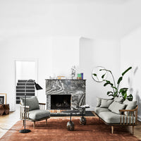 Gray modern sofa on an orange rug, marble fireplace backdrop, and white walls, featuring green plant accents.